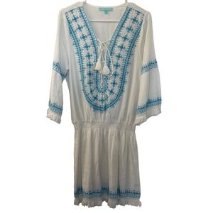 Melissa Odabash White Turquoise Embroidered Linen Cotton Boho Dress Small Beach